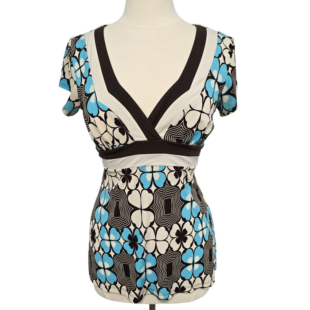 Y2K Speechless‎ Babydoll Deep V Neck Top Womens M Retro 50s Funky Blue Brown